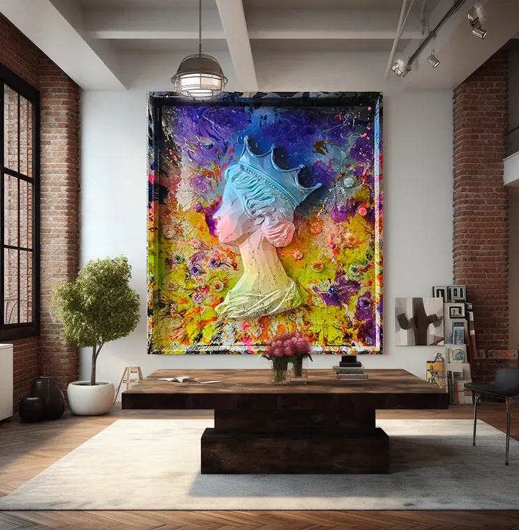 The Queen, large mixed-media canvas hanging in a loft interior